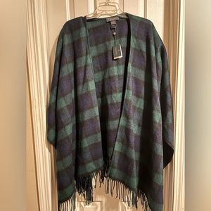 Brooks Brothers wool poncho. Green and navy tartan with fringed hems